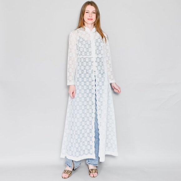 Vintage Jackets & Blazers - VINTAGE White Floral Sheer Lace Maxi Duster